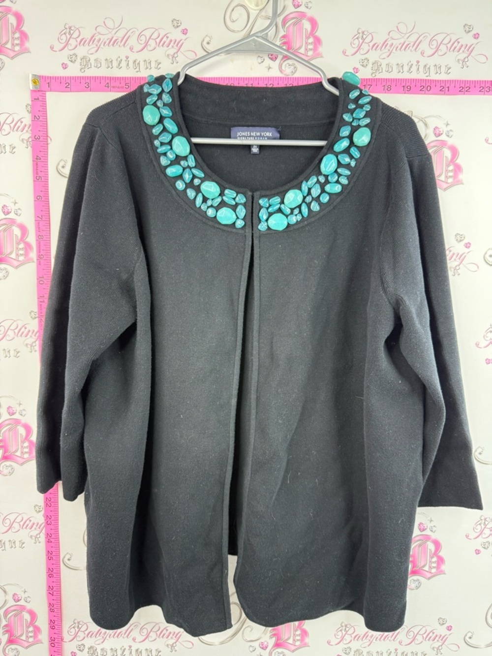 Jones New York cardigan open front Black Cardigan with Turquoise Beaded Collar